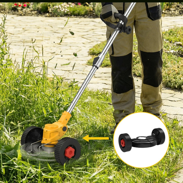 Coupe-bordures sans fil 21 V à roues en utilisation sur une pelouse