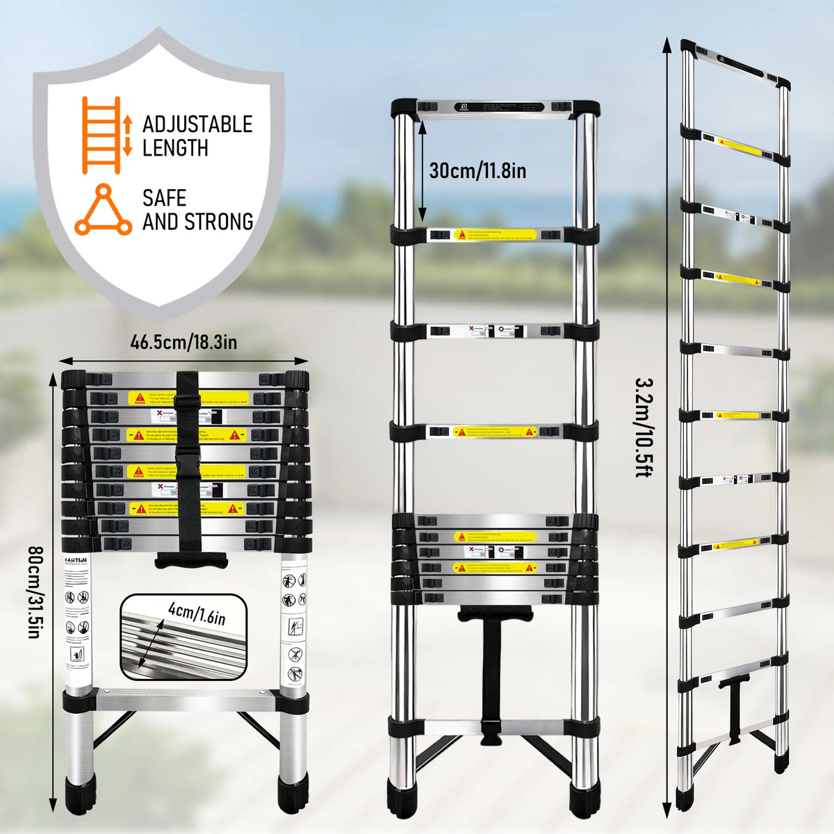 Échelle télescopique inox à rétraction une touche, 3,2 m – vue 1