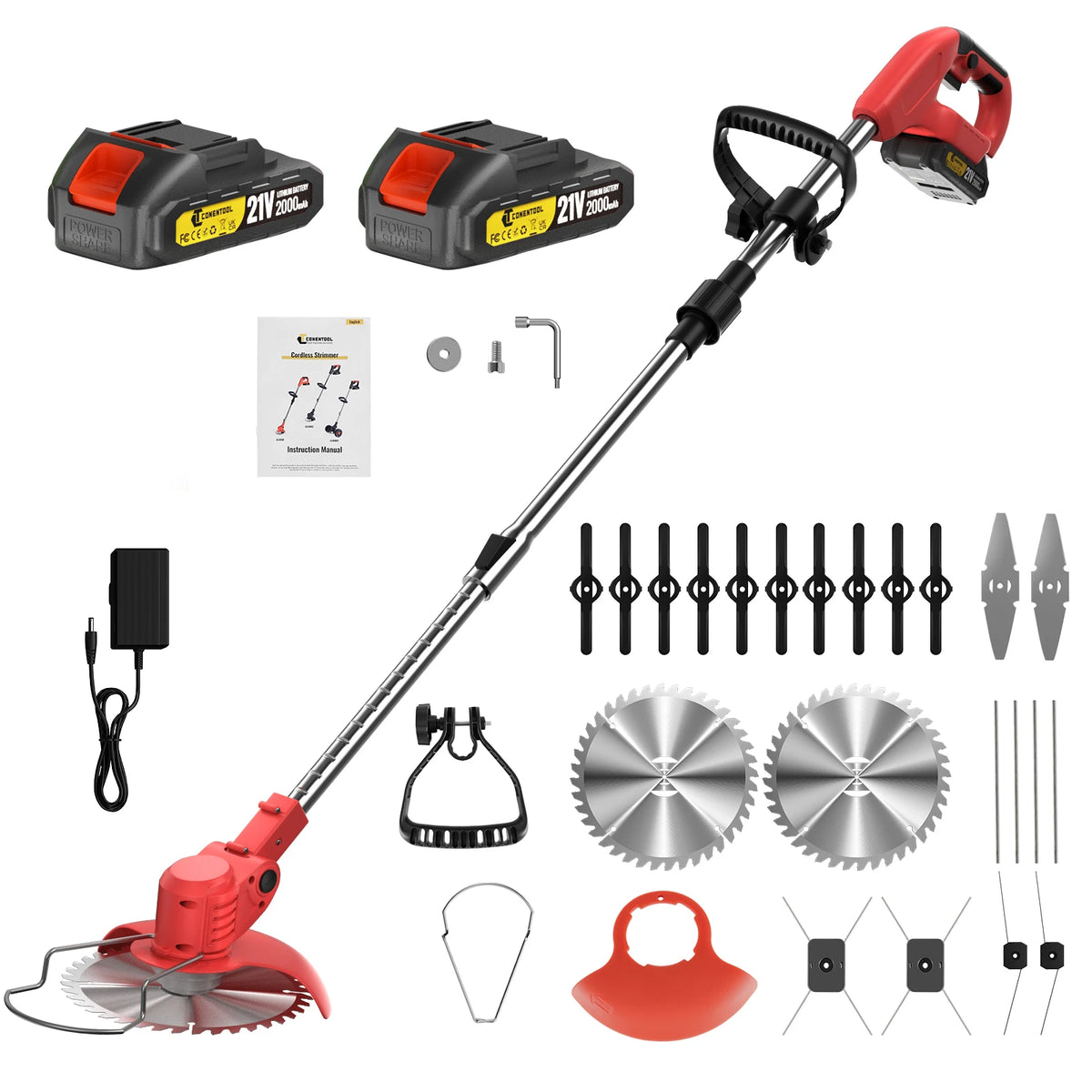 Débroussailleuse sans fil rouge, 2 batteries et accessoires