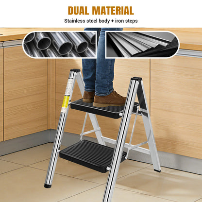 2/3 Steps Ladder Household Folding Ladder Stool Stainless Steel & No-slip & Load 150kg for Kitchen Home Use