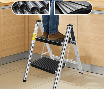 Escabeau pliant en acier inoxydable, 2 marches, 150 kg