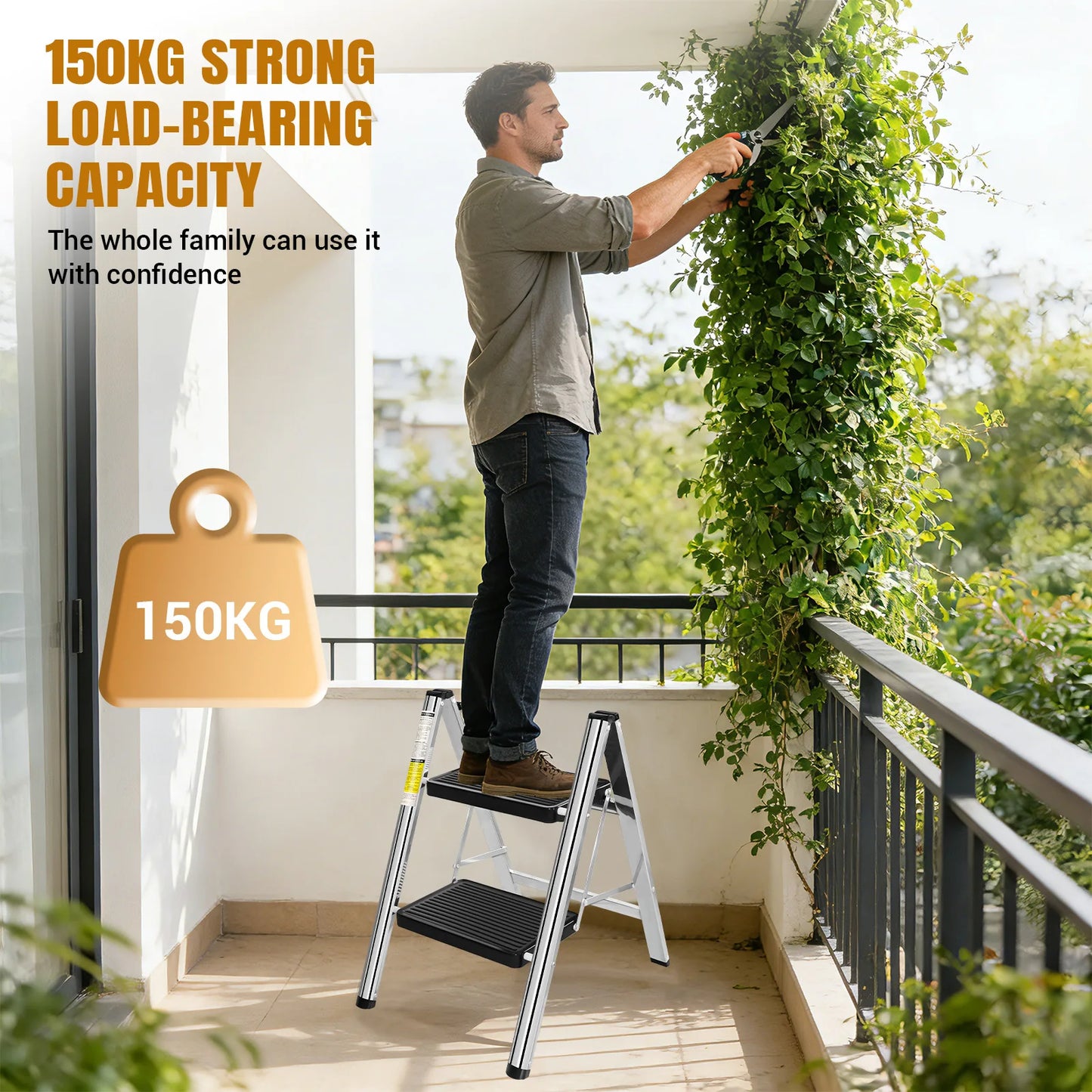 2/3 Steps Ladder Household Folding Ladder Stool Stainless Steel & No-slip & Load 150kg for Kitchen Home Use