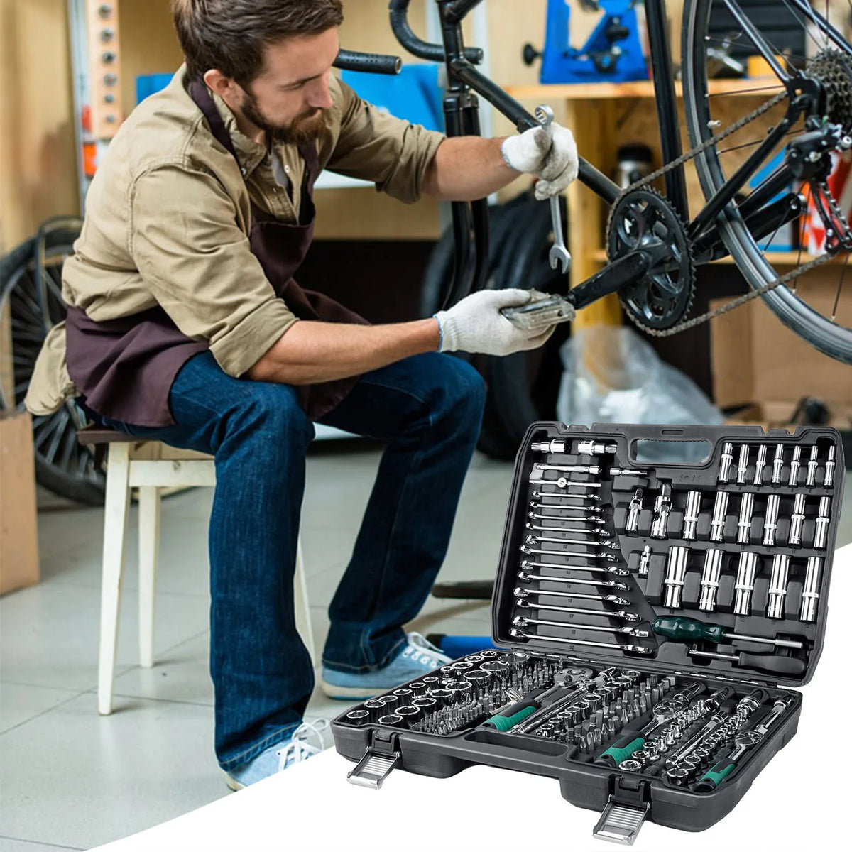 Coffret de douilles utilisé pour l'entretien d'un vélo