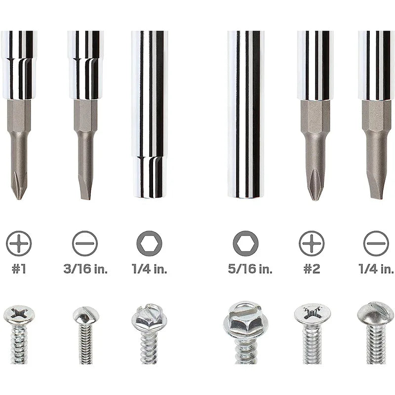 Tournevis 6 en 1 : embouts cruciformes, plats et douilles