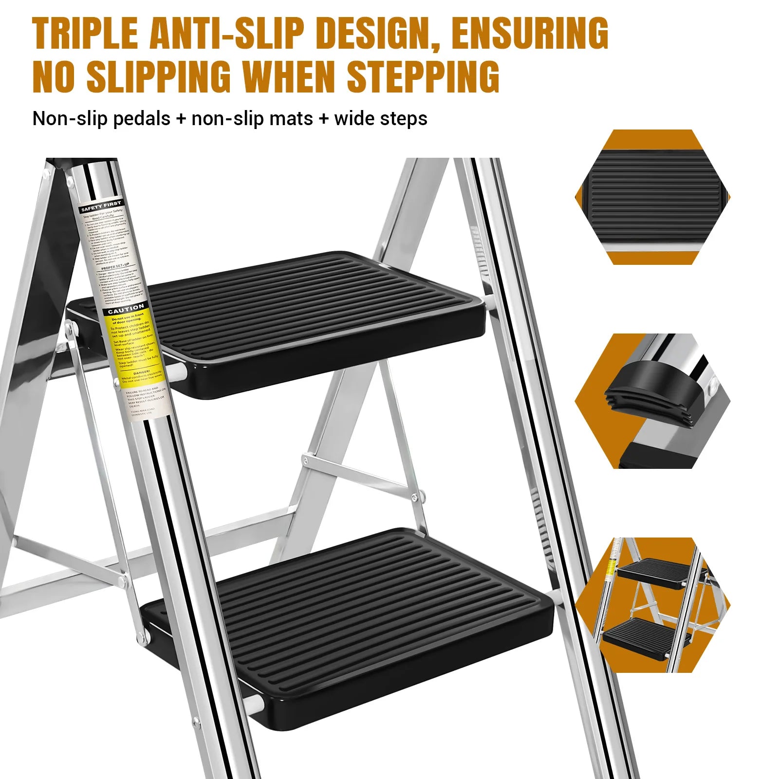 2/3 Steps Ladder Household Folding Ladder Stool Stainless Steel & No-slip & Load 150kg for Kitchen Home Use