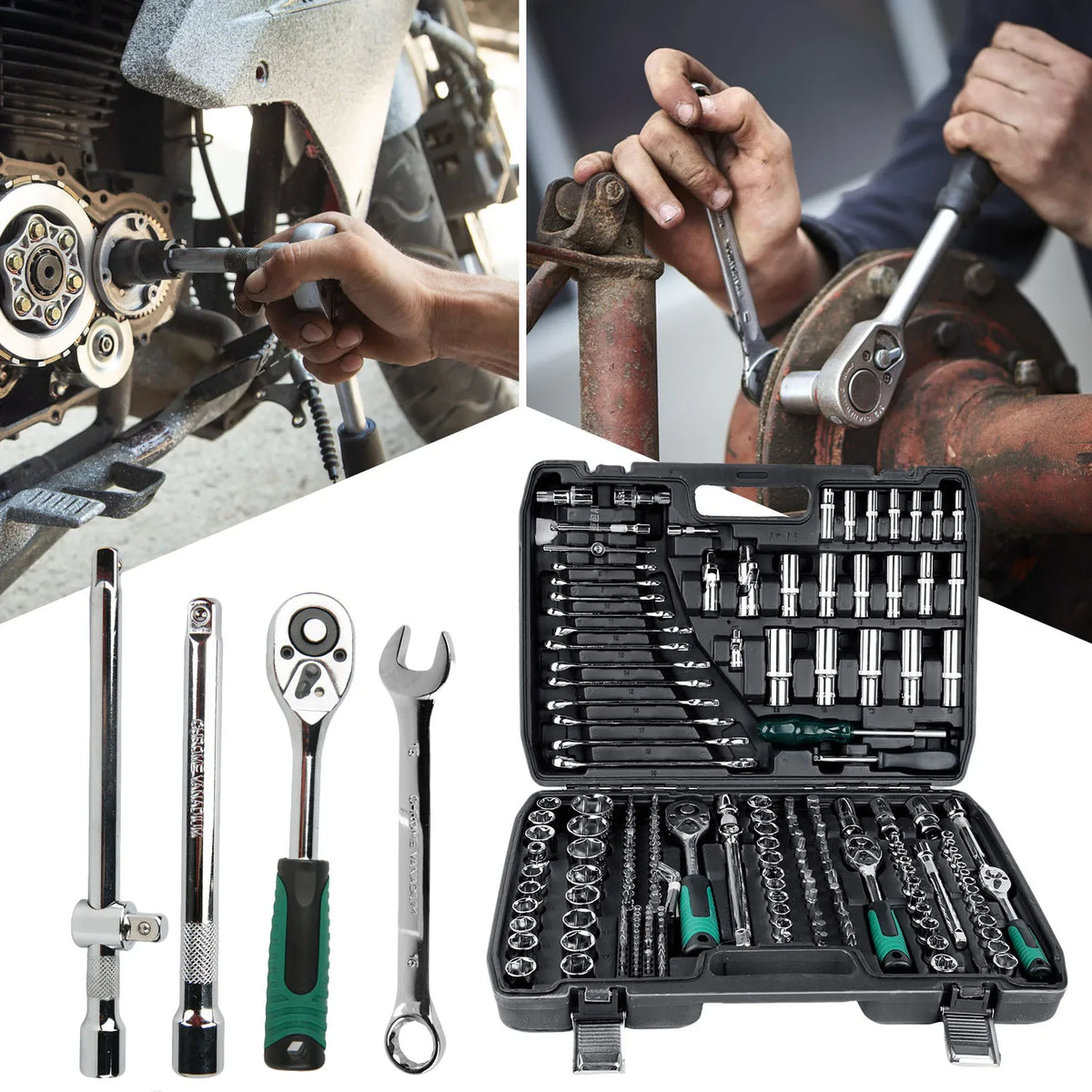 Coffret 216 pièces : clés à cliquet, rallonges et douilles