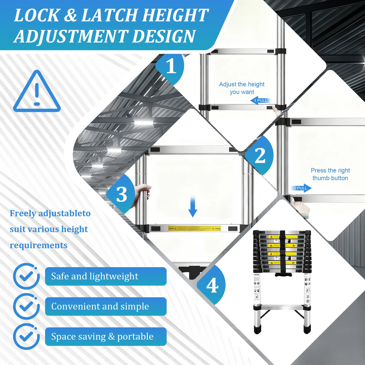 Échelle télescopique inox 3,2 m, verrouillage des échelons – vue 2