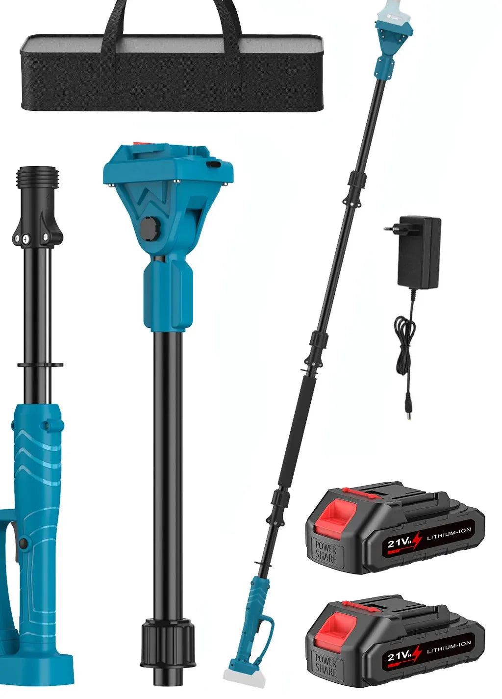 Sécateur électrique sur perche télescopique avec batteries, chargeur et sac