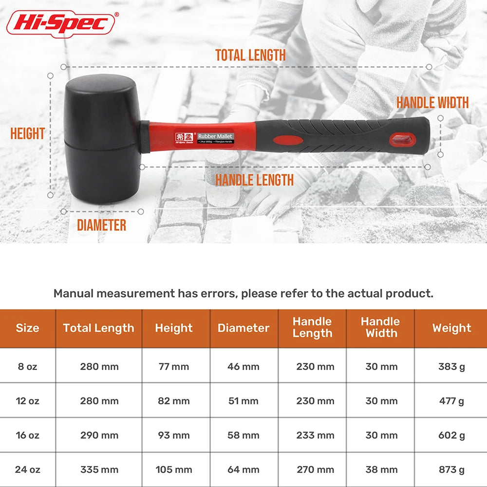 Hi-Spec Double Face Rubber Hammer, Heavy Duty Mallet with Insulated Hand Tool & Anti-Slip Grip for Installation/DIY (8/16/24 Oz)