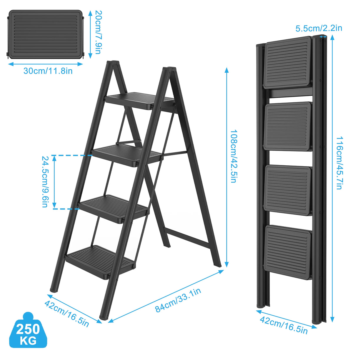Escabeau 4 marches avec main courante, dimensions – vue 3