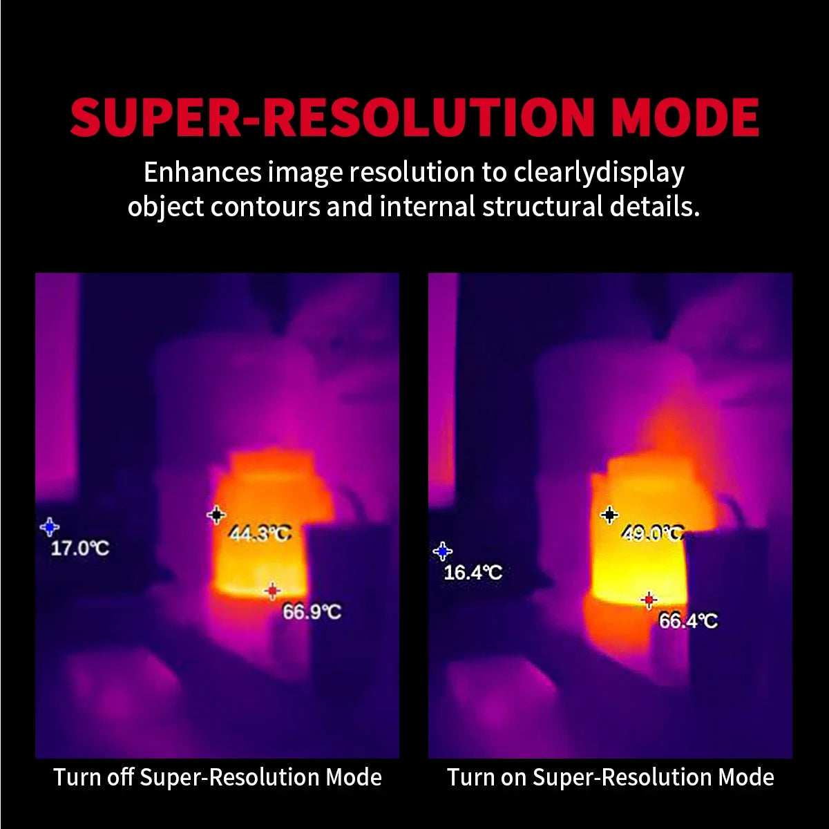 Mode super-résolution de la caméra thermique, avant et après
