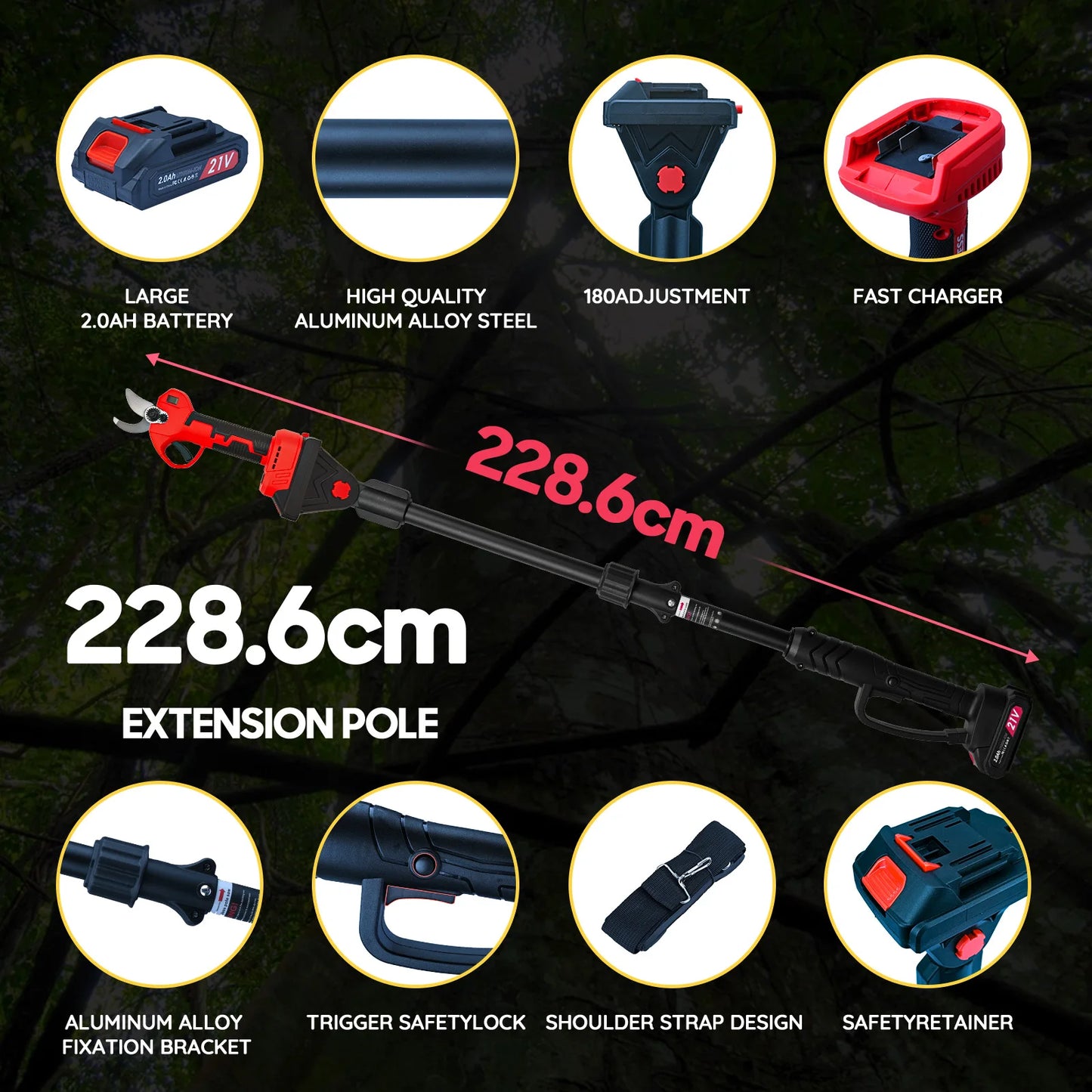 Cordless Electric Pruning Shears with Telescopic Pole,21V Brushless Garden Pruner 300W Adjustable Cutting 15-25mm