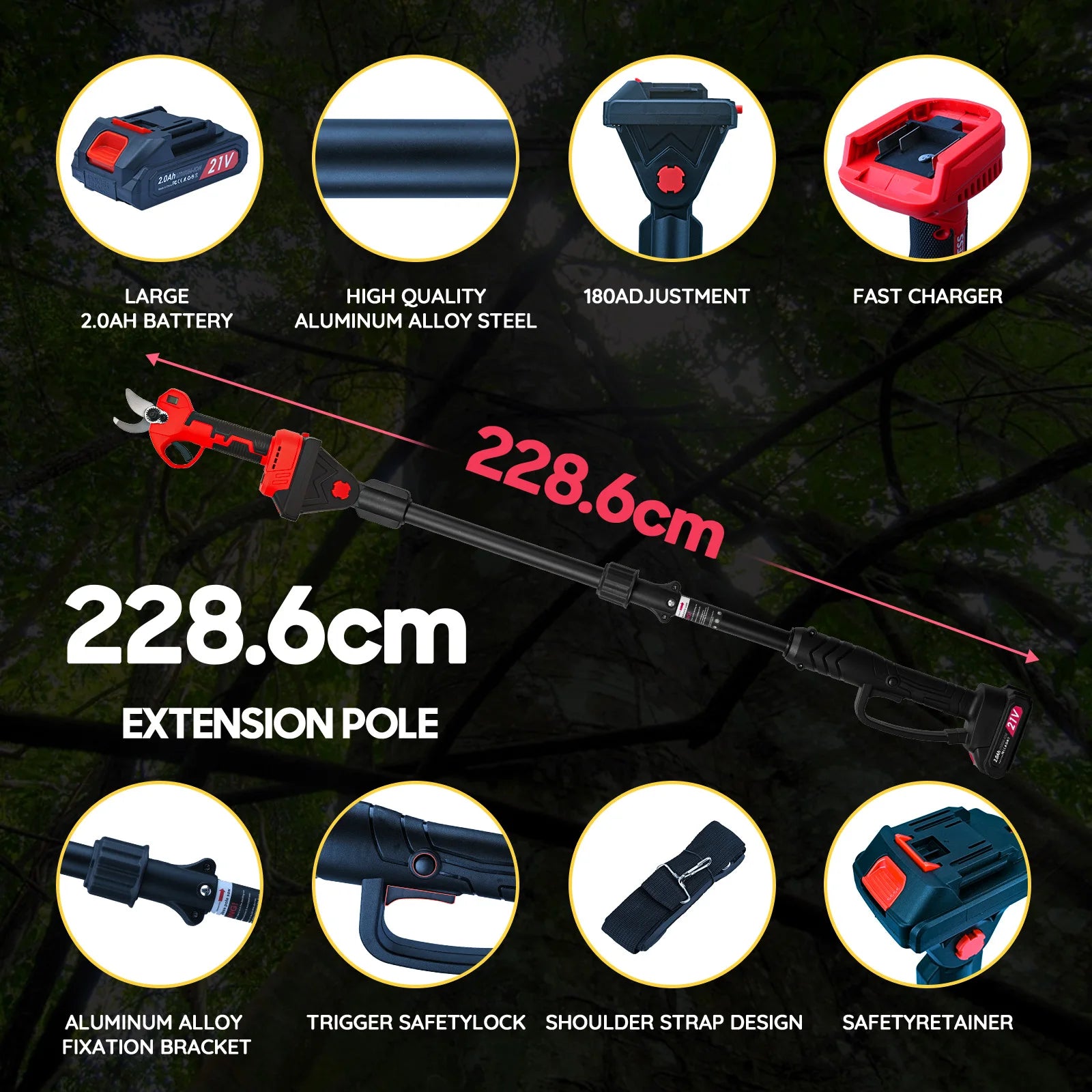 Cordless Electric Pruning Shears with Telescopic Pole,21V Brushless Garden Pruner 300W Adjustable Cutting 15-25mm