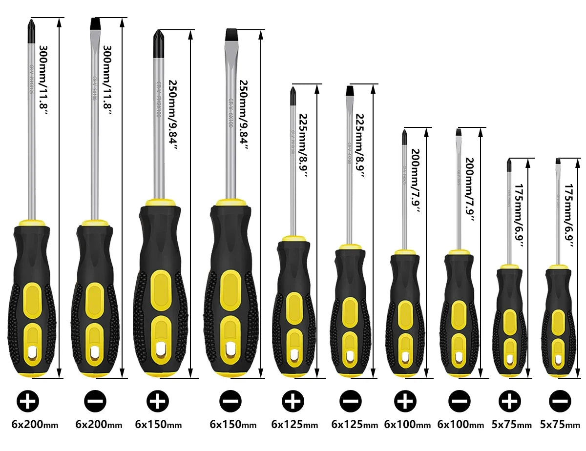 Jeu de 10 tournevis magnétiques, lames de 75 à 200 mm