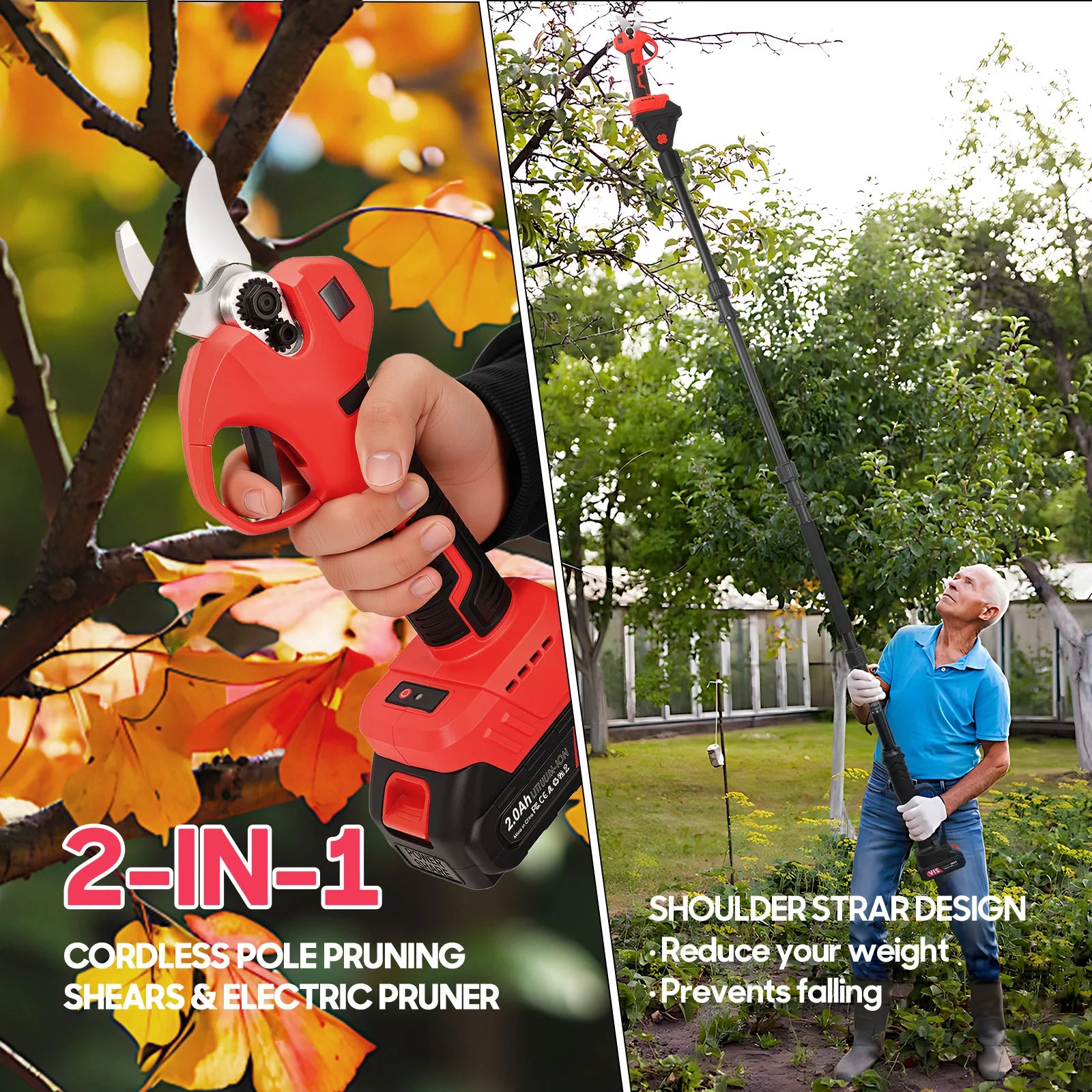 Cordless Electric Pruning Shears with Telescopic Pole,21V Brushless Garden Pruner 300W Adjustable Cutting 15-25mm