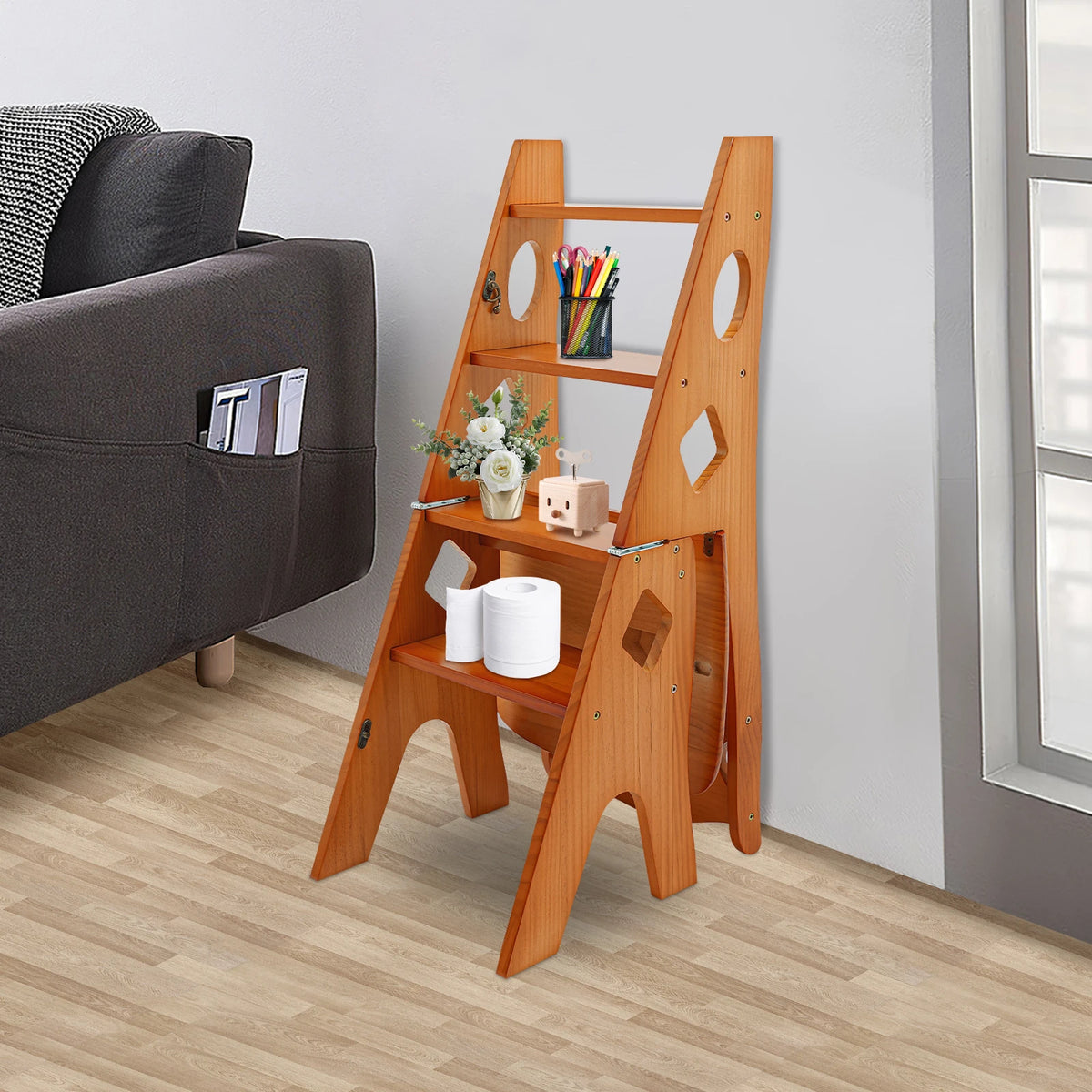 Chaise-escabeau 4 marches en pin massif