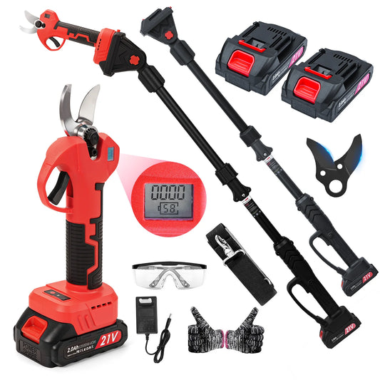 Cordless Electric Pruning Shears with Telescopic Pole,21V Brushless Garden Pruner 300W Adjustable Cutting 15-25mm