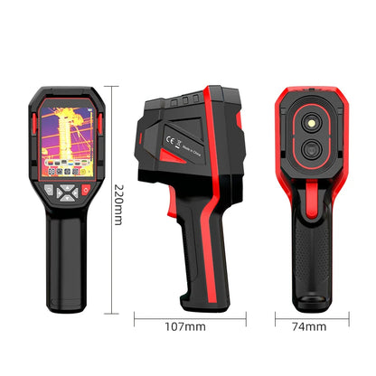 Caméra thermique infrarouge vue de face, de profil et de dos, 220 × 107 × 74 mm