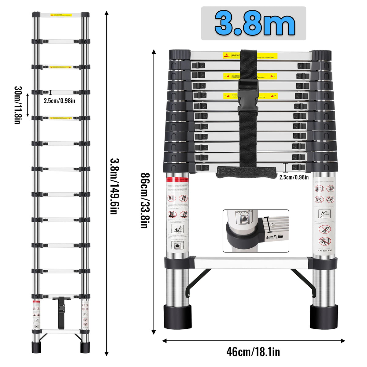 Échelle télescopique inox 3,8 m – vue 1