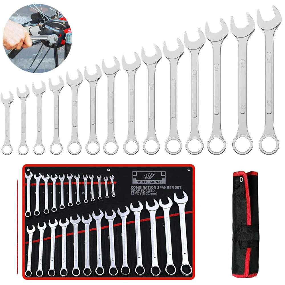 25pcs Ultra-thin Wrench Set 6-32mm Carbon Steel Spanner Metric Ratcheting Combination Wrench Kit with Bag Car Maintenance Tools
