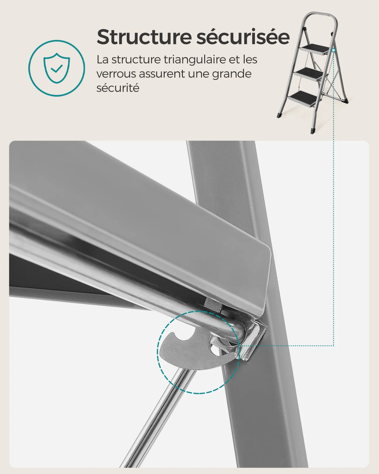 SONGMICS Step Ladder, 3-Step Ladder, Folding Ladder, Safety Lock, Space-Saving Storage, Holds up to 150 kg