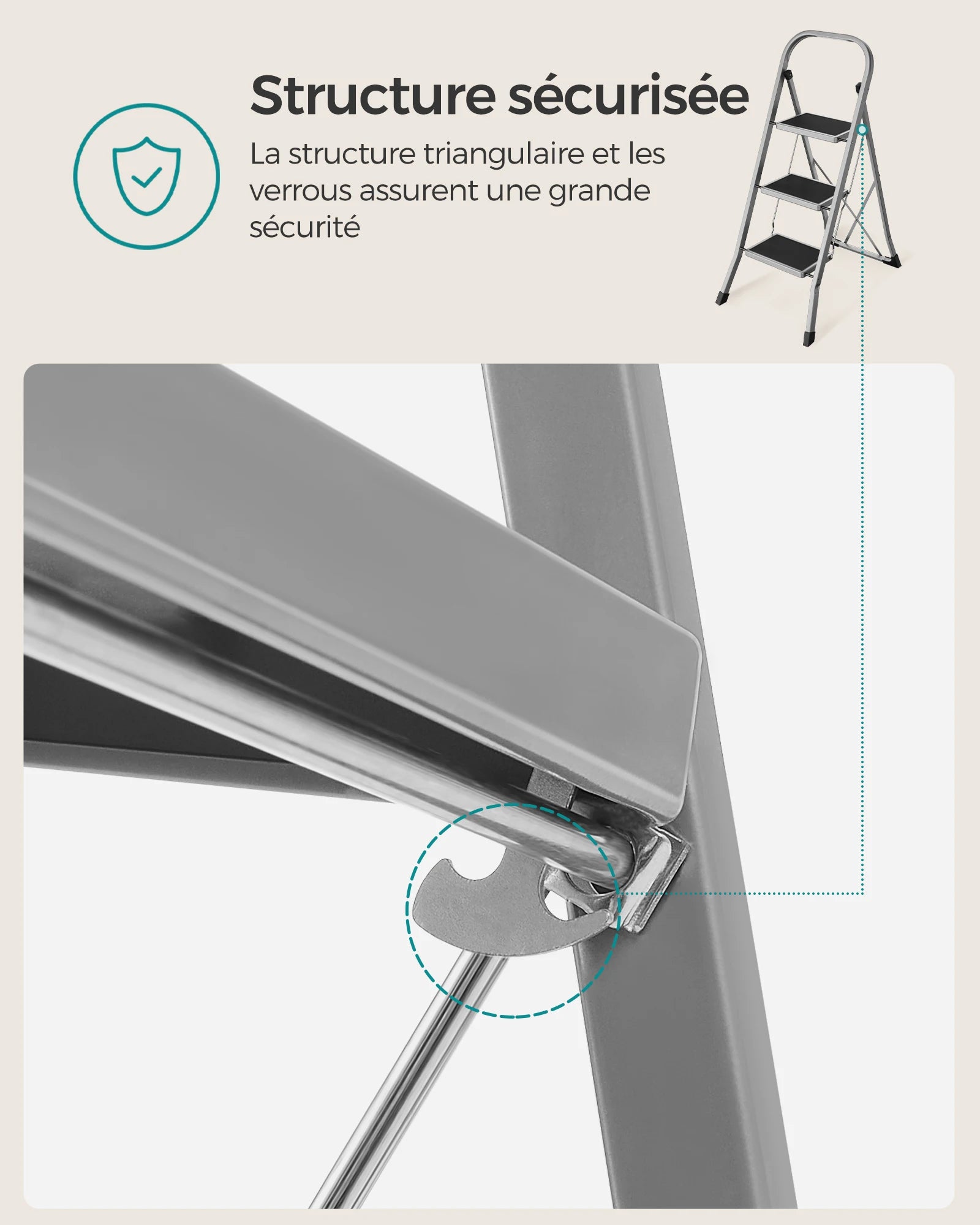 SONGMICS Step Ladder, 3-Step Ladder, Folding Ladder, Safety Lock, Space-Saving Storage, Holds up to 150 kg