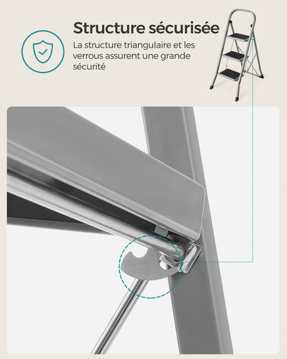 SONGMICS Step Ladder, 3-Step Ladder, Folding Ladder, Safety Lock, Space-Saving Storage, Holds up to 150 kg