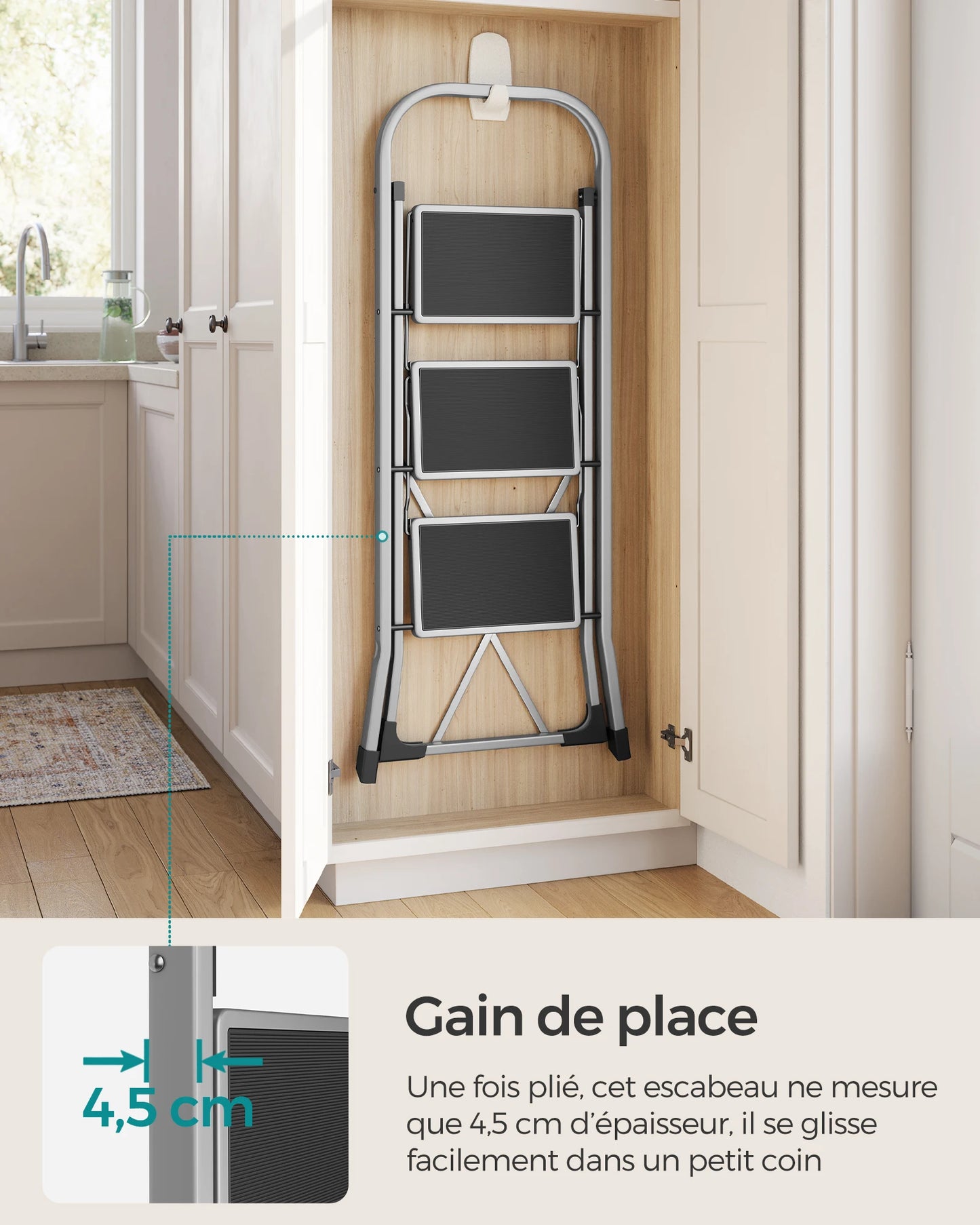 SONGMICS Step Ladder, 3-Step Ladder, Folding Ladder, Safety Lock, Space-Saving Storage, Holds up to 150 kg