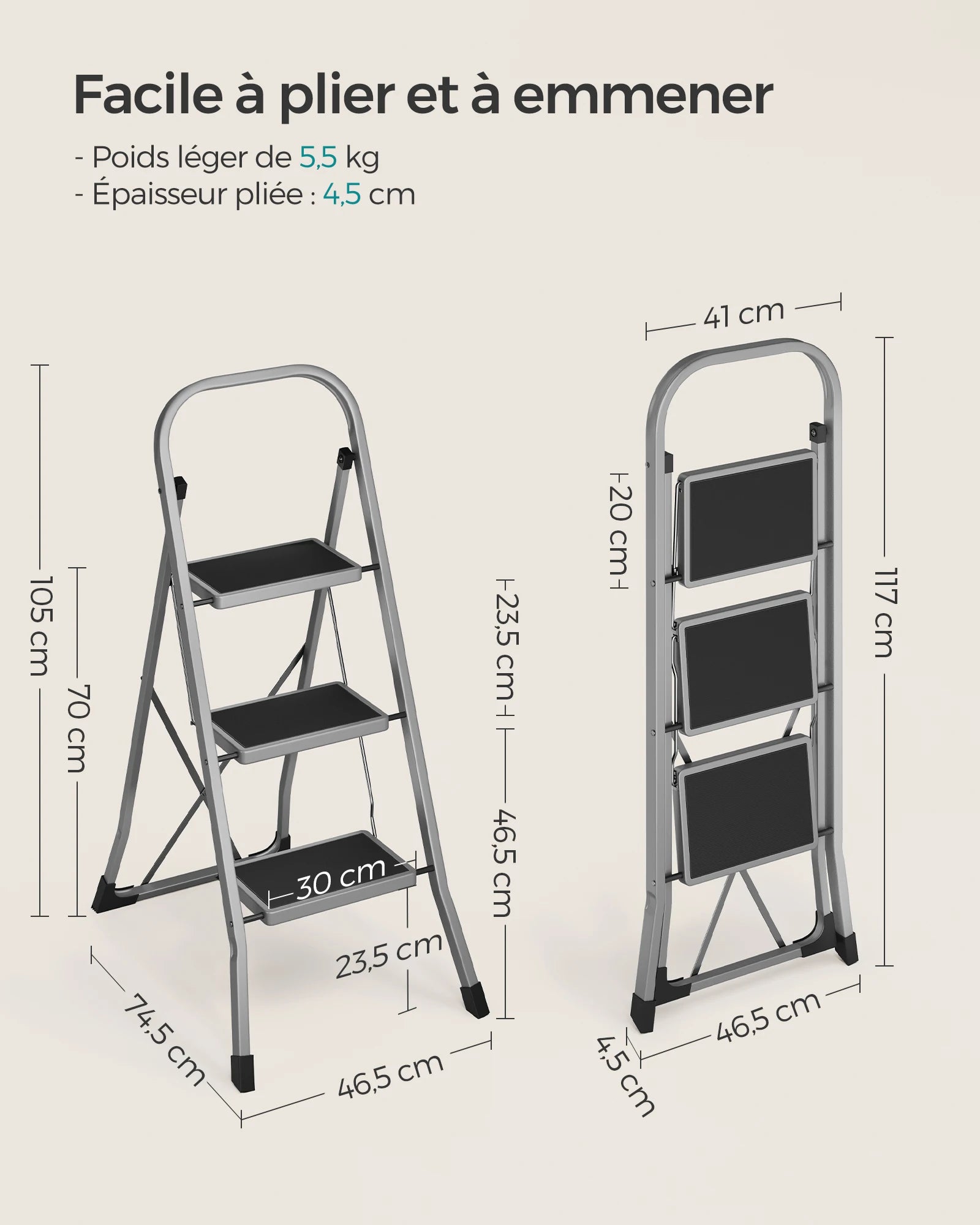 SONGMICS Step Ladder, 3-Step Ladder, Folding Ladder, Safety Lock, Space-Saving Storage, Holds up to 150 kg