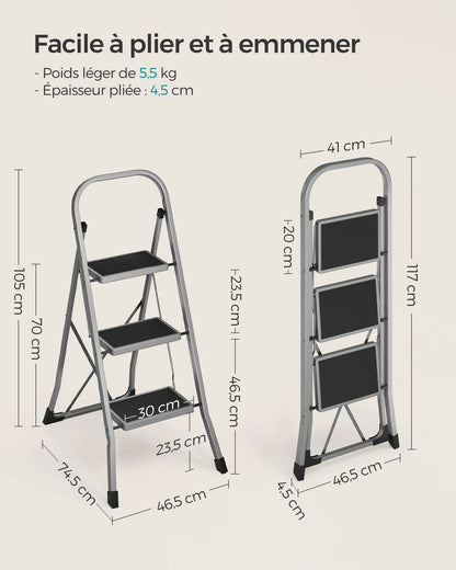 SONGMICS Step Ladder, 3-Step Ladder, Folding Ladder, Safety Lock, Space-Saving Storage, Holds up to 150 kg