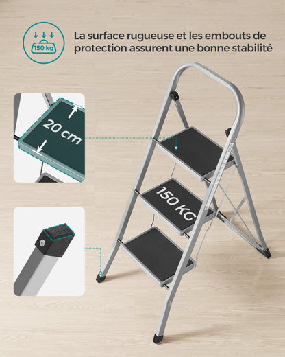 SONGMICS Step Ladder, 3-Step Ladder, Folding Ladder, Safety Lock, Space-Saving Storage, Holds up to 150 kg