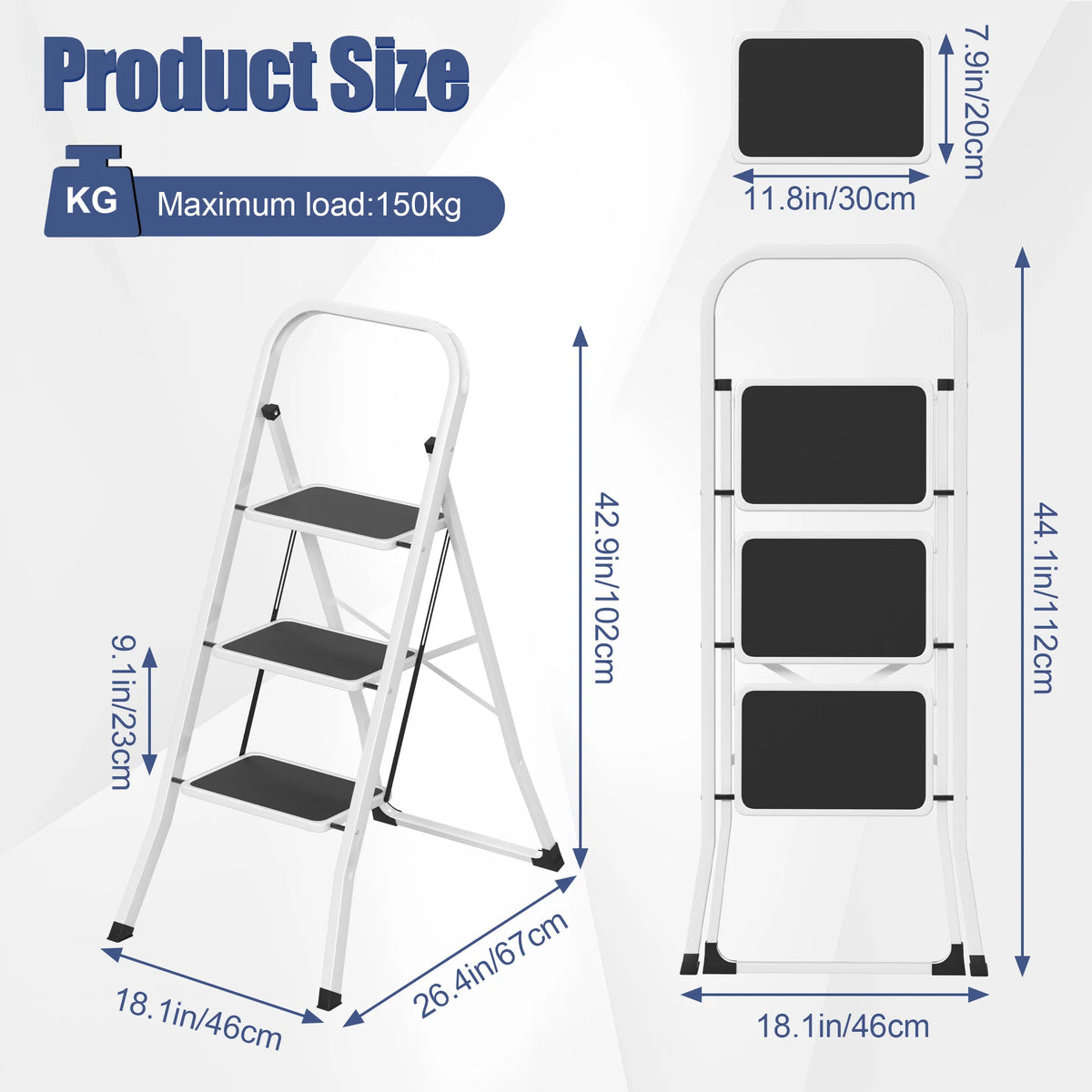 Escabeau 3 marches extra-larges avec main courante, dimensions – vue 1