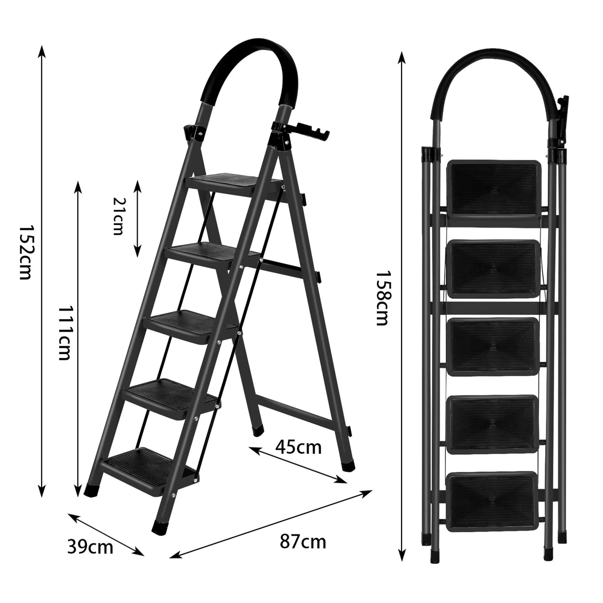 Escabeau acier 5 marches pliant avec rampe
