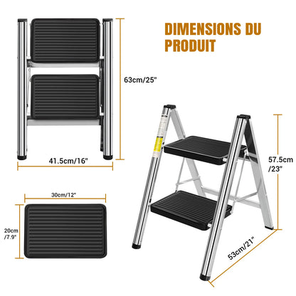 Escabeau pliant 2 marches à cadre métallique, dimensions – vue 1