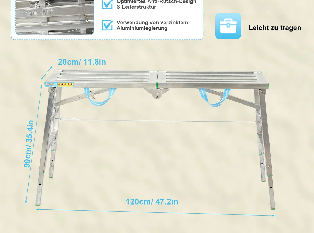 Plateforme de travail pliante 120 × 30 cm, hauteur 60 à 90 cm