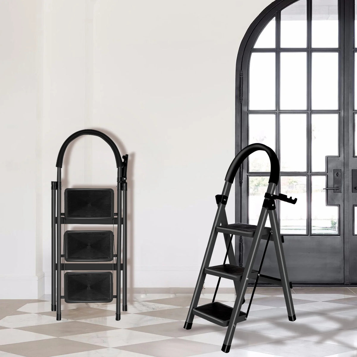 Escabeau acier 5 marches pliant avec rampe