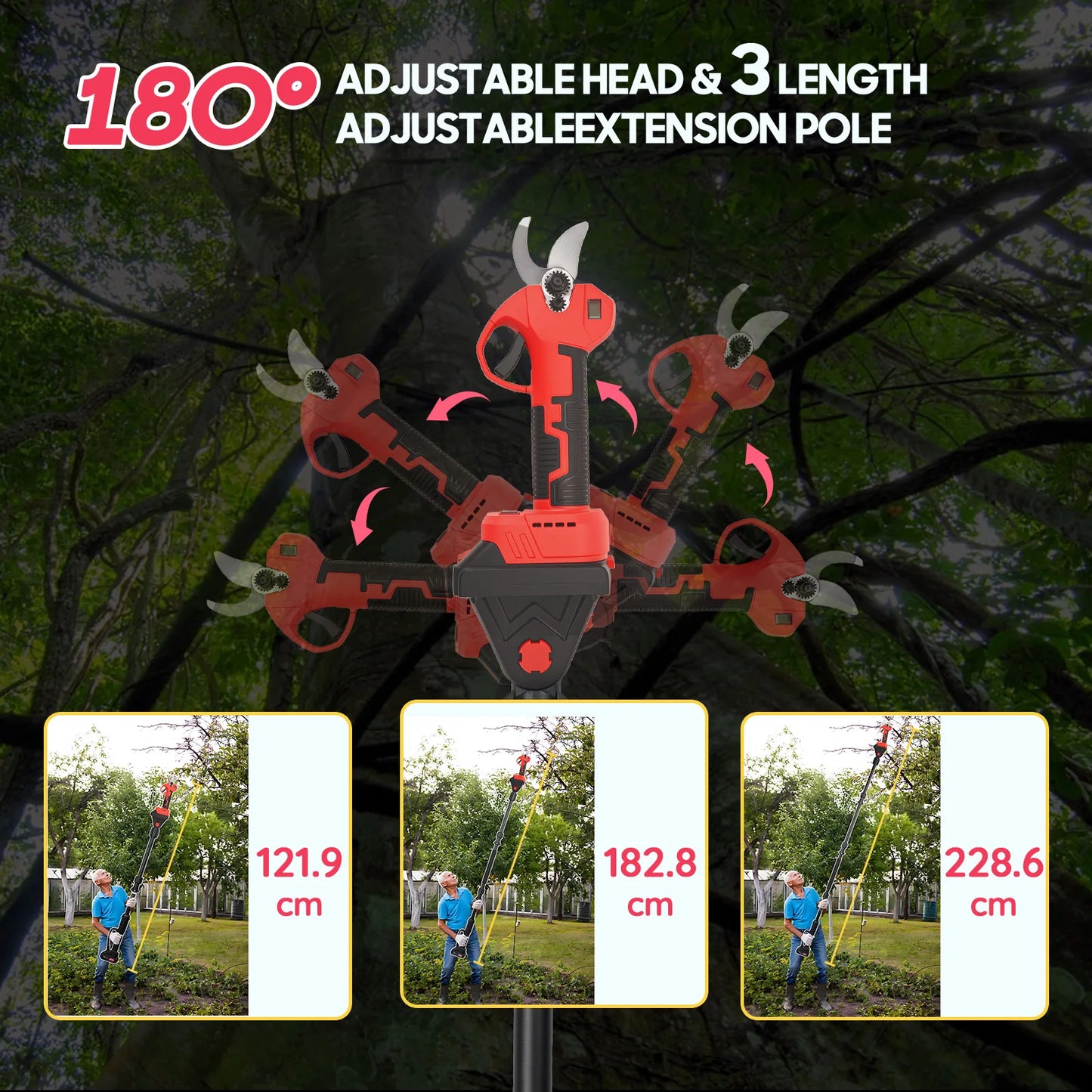 Cordless Electric Pruning Shears with Telescopic Pole,21V Brushless Garden Pruner 300W Adjustable Cutting 15-25mm