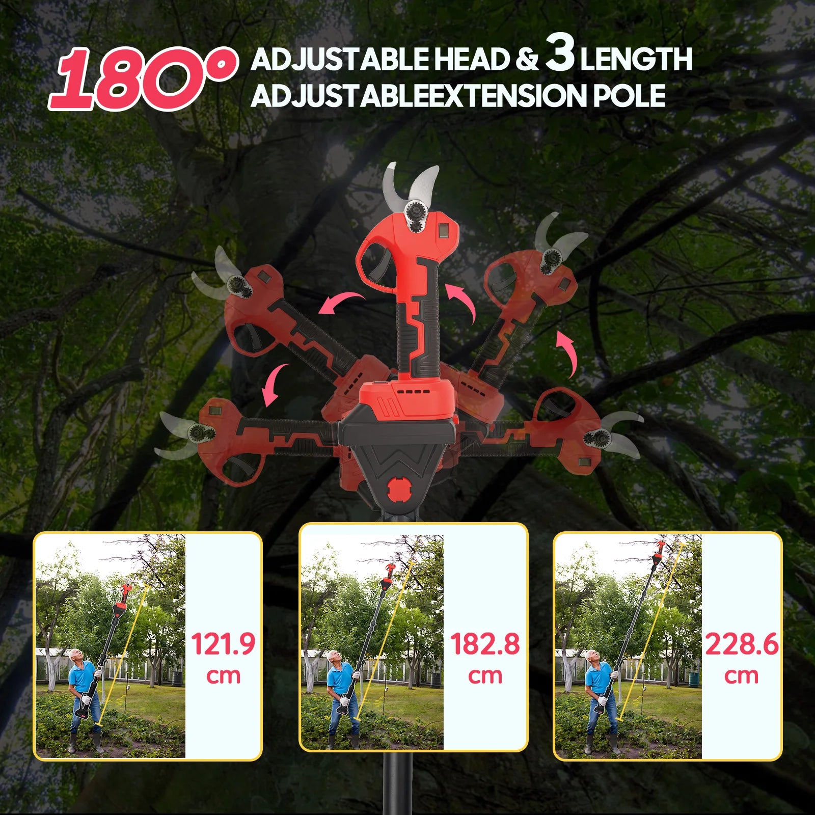 Cordless Electric Pruning Shears with Telescopic Pole,21V Brushless Garden Pruner 300W Adjustable Cutting 15-25mm