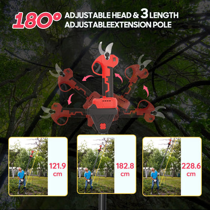 Cordless Electric Pruning Shears with Telescopic Pole,21V Brushless Garden Pruner 300W Adjustable Cutting 15-25mm