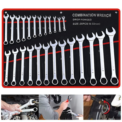 25pcs Ultra-thin Wrench Set 6-32mm Carbon Steel Spanner Metric Ratcheting Combination Wrench Kit with Bag Car Maintenance Tools
