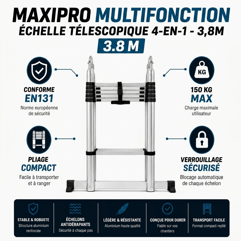 Échelle télescopique MaxiPro 4 en 1 - 3,8 m compacte