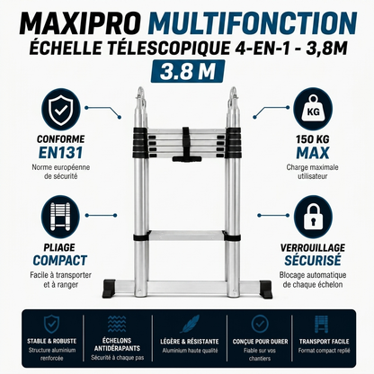 Échelle télescopique MaxiPro 4 en 1 - 3,8 m compacte