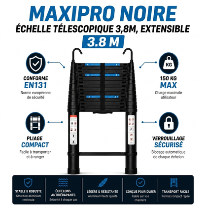 Échelle télescopique MaxiPro Noire 3,8 m - 150 kg pro