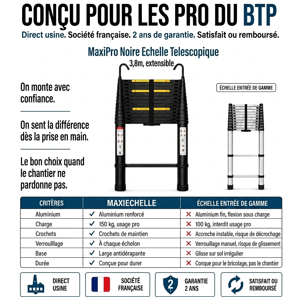Échelle télescopique MaxiPro Noire 3,8 m - 150 kg pro