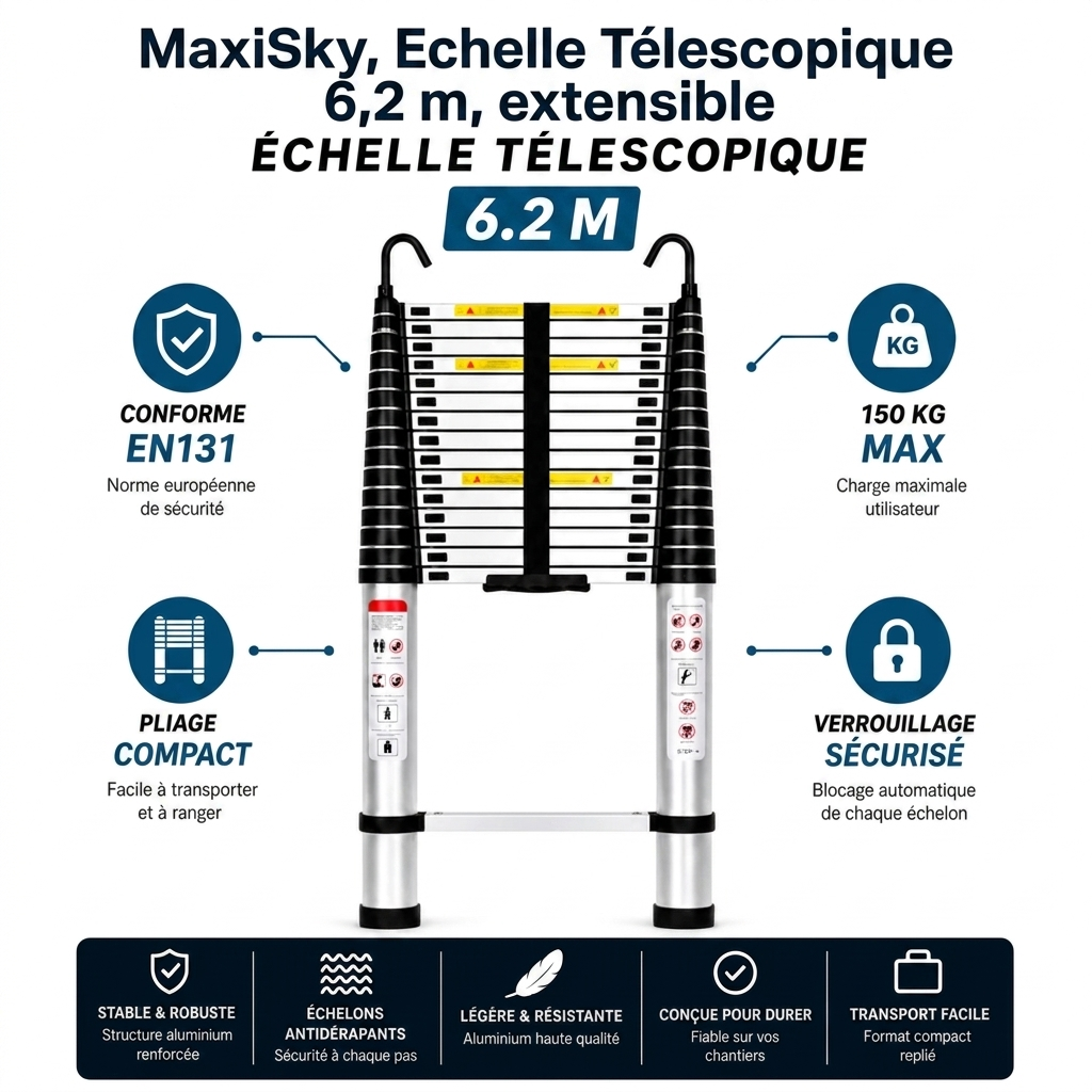 Échelle télescopique MaxiSky 6,2 m - Compacte avec crochet