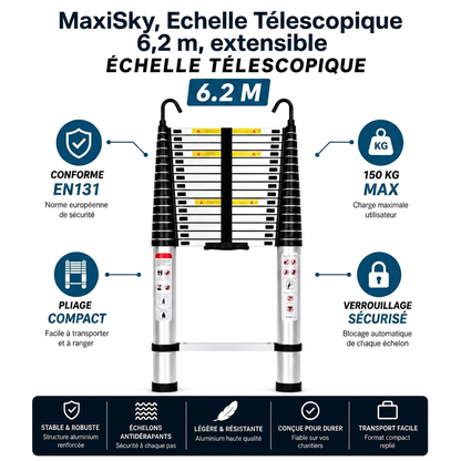 Échelle télescopique MaxiSky 6,2 m - Compacte avec crochet